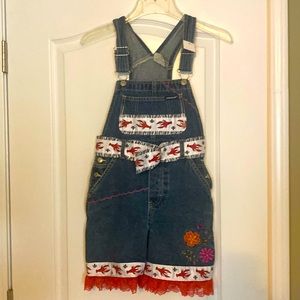 Blue Jean Overalls with ribbon and lace accents